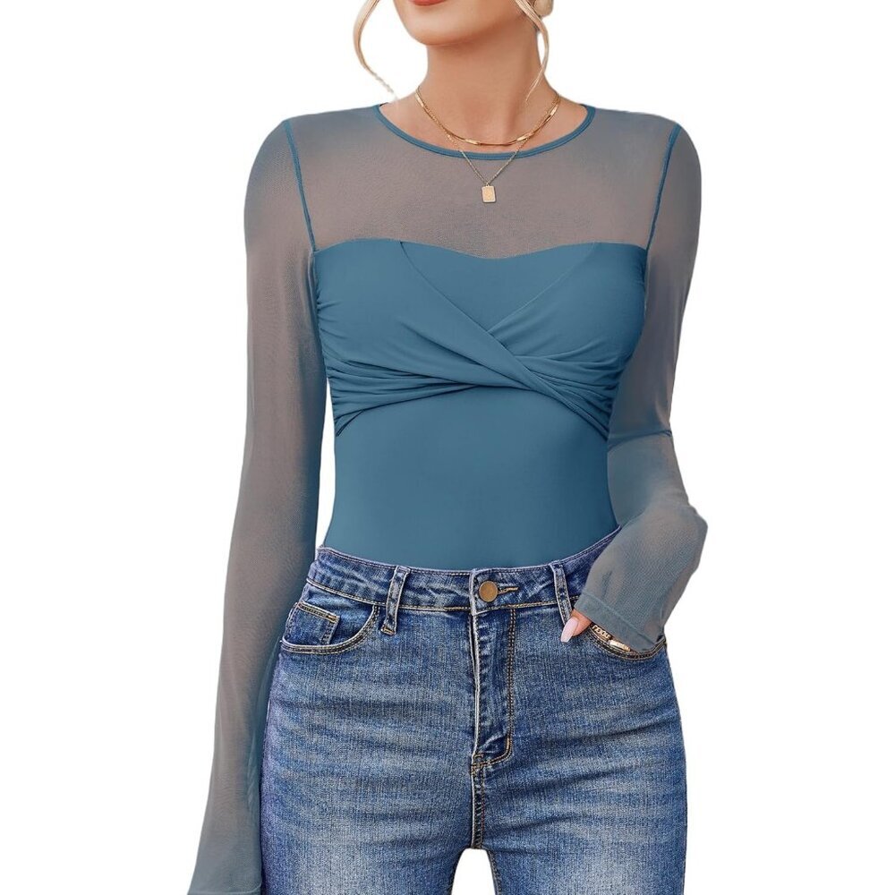 Women's Cottage Blue Bodysuits Crew Neck Long Sleeve One Piece Twist Tops